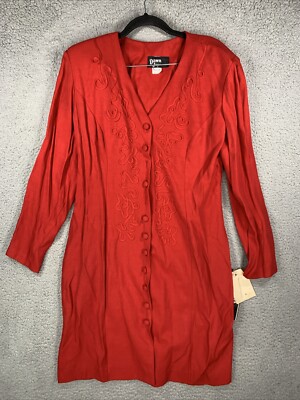 Vintage Dawn Joy Fashions 80 s Red Midi Dress Women's 13-14 NWT Missing Buttons