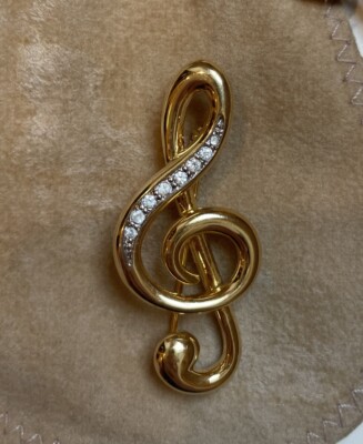 Vintage Gold Tone Rhinestone Treble Clef Pin
