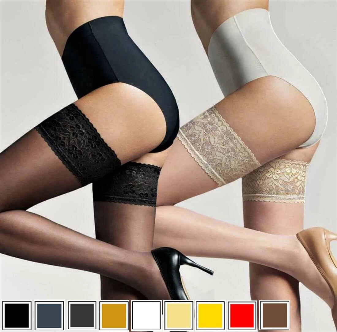 Brown Luxurious Hold Ups With Floral Silicon Lace 60 Den - Marron