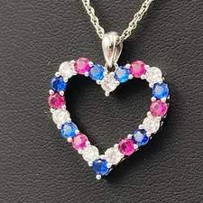 Vintage SUN BR Heart Pendant Necklace 18" Silver Tone Red White Blue Crystals