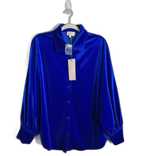 Ciebon Amira Oversized Button Down Velvet Velour Royal Flue Blue Blouse Medium - Picture 4 of 12
