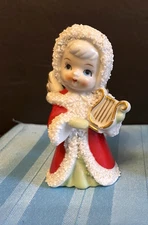 Vtg Enesco Japan Christmas Angel Harp Spaghetti Trim 1950s Kitsch VERY NICE!