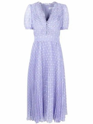 Self-Portrait Lilac Polka-Dot Print Pleated Chiffon Midi Dress US 8