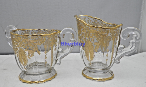 Vintage Cambridge Candlelight Gold verkrustet Kristallklar Glas Milchkännchen & Zucker Set