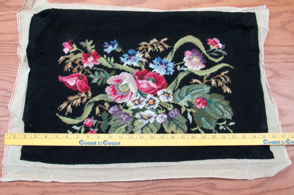 Needlepoint Tapestry Floral Bench chair cover Large 24”x 15.5” Black - Image 3 of 4