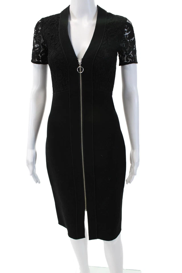 Vestido ceñido al cuerpo manga corta cuello en V cremallera completa de encaje negro Lover para mujer talla 2 Foto 2 de 4