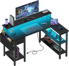 Computer Desk with LED Lights PC Desk with Monitor Stand Black