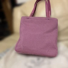 PRADA Pink Knit Leather Triangle Logo Handbag Small Tote Rare Authentic