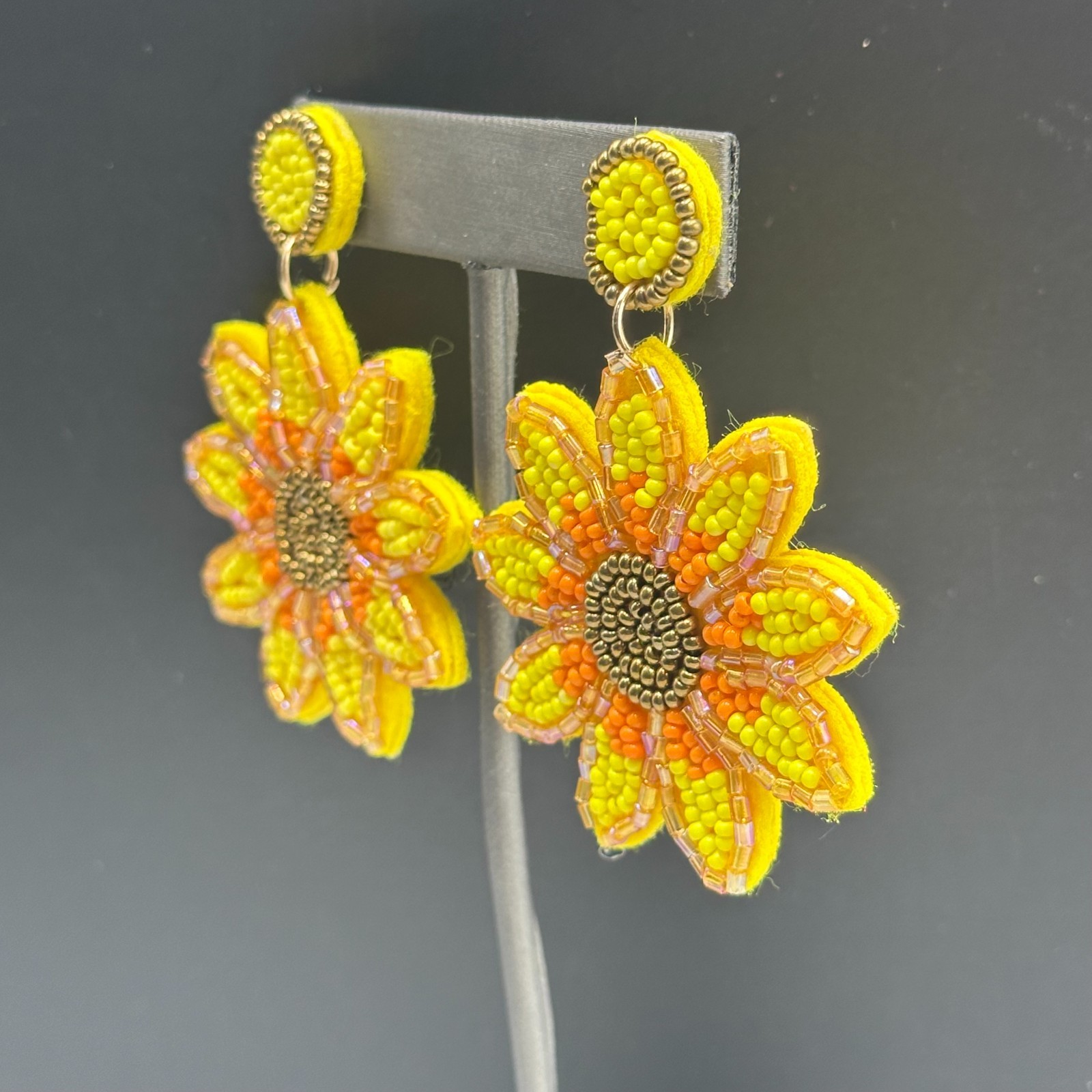 Sunflower Beaded Dangle Earrings Yellow Seed Bead… - image 5