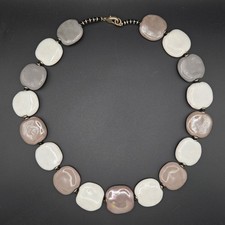 Chunky Flat Ceramic Bead Necklace Neutral White Taupe Crackle Glaze