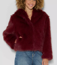 NEW Wild Fable Women's Short Faux Fur Hooded Jacket Royal Burgundy Size Medium