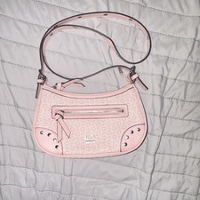 GUESS Pink Logo Crescent Shoulder Bag Small Zip Studded Detachable Strap