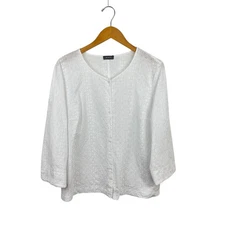 Basler White Cotton Eyelet Top XL Button Down Casual French Chic