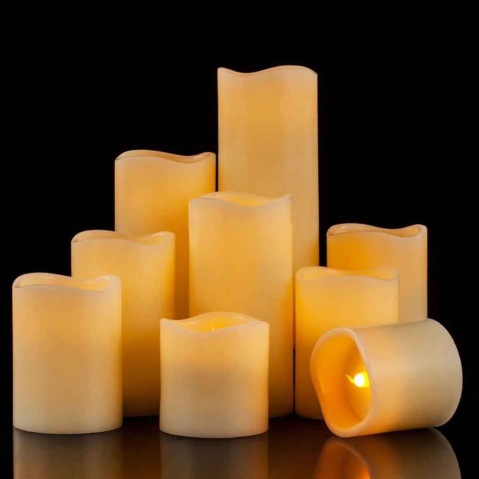Juego de 9 velas grandes sin llama (D 3" x H 3", 3", 4", 4", 5", 6", 7", 8")... Foto 3 de 4