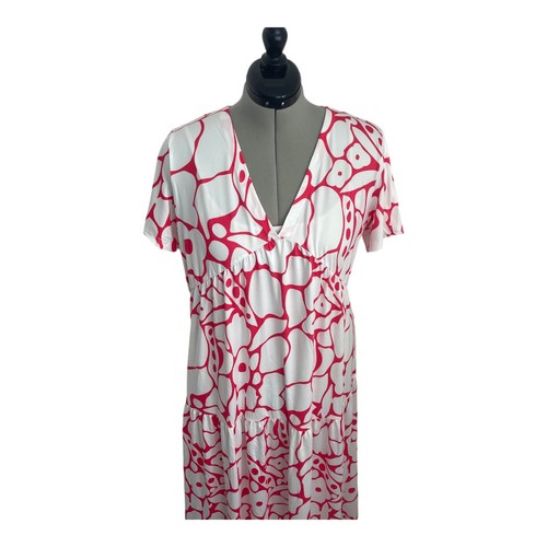 Maxi abito donna rosso bianco astratto floreale manica corta scollo a V boho taglia XL - Foto 3 di 13