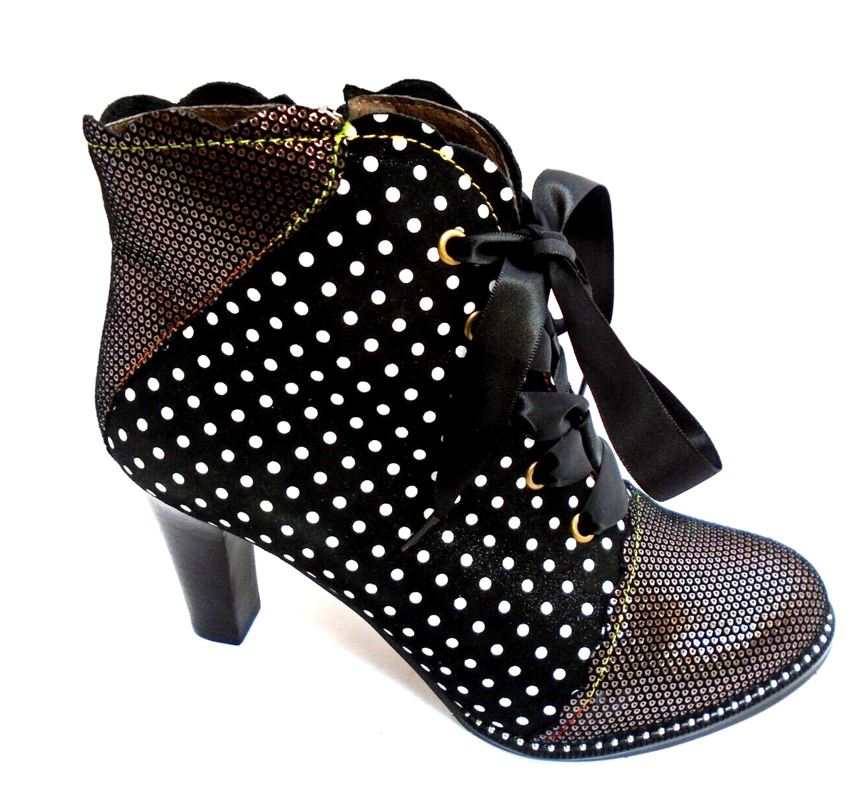 LAURA VITA BLACK WHITE BROWN LEATHER POLKA DOT ANKLE BOOTS LADIES UK 3 EUR 36