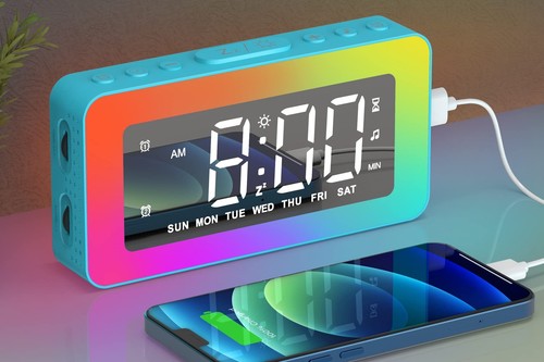 RGB Night Light Alarm Clock for , Teenagers, Adults, Mirrored Clock with Dual...