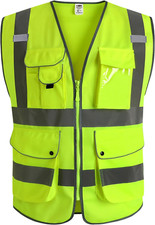 9 Pockets Class 2 High Visibility Zipper Front Safety Vest with Reflective St...