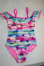 Girls 1 PC Swimsuit NEON STRIPE Ruffle OFF SHOULDER LOOK Tropical Plants S 6-6X