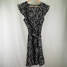 Skue Womens' Floral Flutter Sleeve Crossover Neckline Dress w Sash • black • M/6