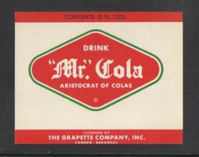 1950s MR COLA LABEL { ARISTROCRAT OF COLA } CAMDEN ARKANSAS UNUSED