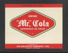 1950s MR COLA LABEL { ARISTROCRAT OF COLA } CAMDEN ARKANSAS UNUSED
