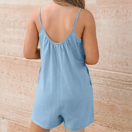 Chic Women Wide Leg Short Rompers Summer Loose Jumpsuits Sleeveless with Pockets - Picture 3 of 20