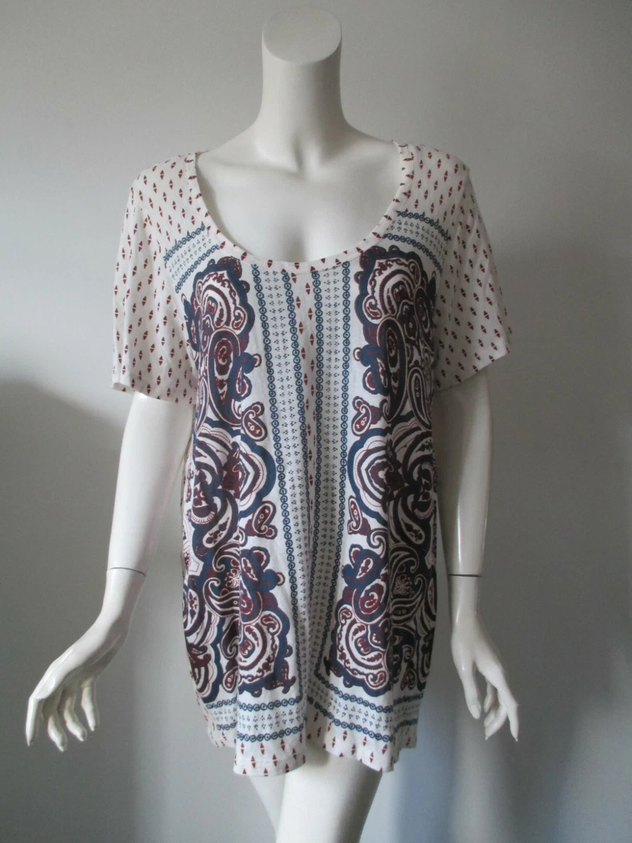 Lucky Brand Plus Paisley Hobo Short Sleeve Cotton Blend Top Shirt 1X 14 16W