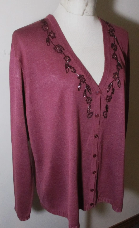 Cárdigan suéter DIANE GILMAN púrpura 100 % seda bordado con cuentas talla 1X Foto 3 de 4