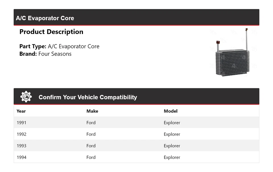 Núcleo evaporador de aire acondicionado Ford Explorer 1991-1994 4 estaciones 1992 1993 Foto 2 de 4