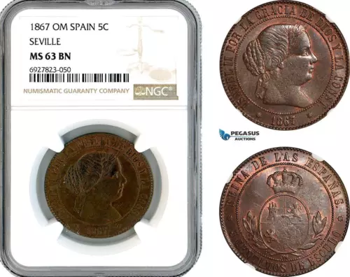 AK309, Spain, Isabel II, 5 Centimos 1867 OM, Seville Mint, NGC MS63BN