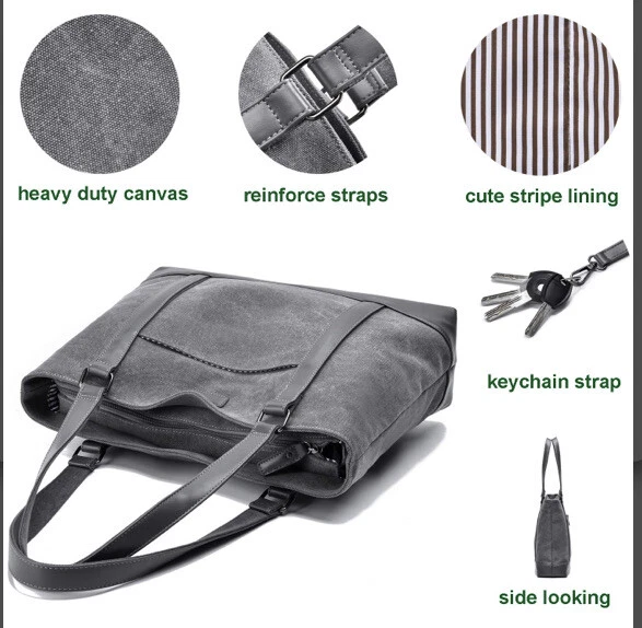 Laptop Tote Bag For Women Work School 15.6in Large Purse Dark Gray Canvas - Image 4 of 4