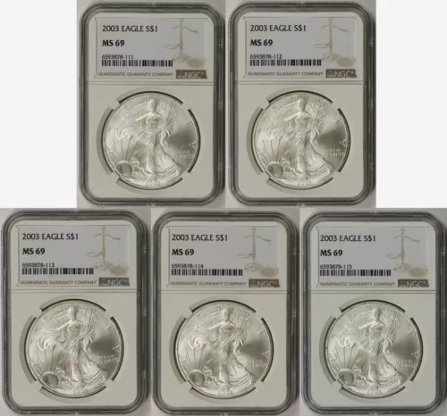 Lot 5 Coins 2003 American Silver Eagle $1 MS 69 NGC