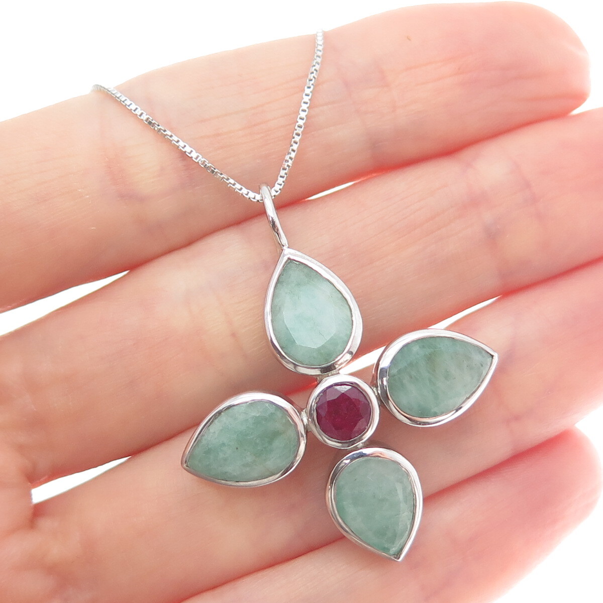 925 Sterling Silver Real Emerald & Ruby Flower Cr… - image 1