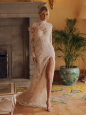 Elegant Ivory Side Slit Appliques Wedding Dresses Ball Gown Lace Bridal Gowns-