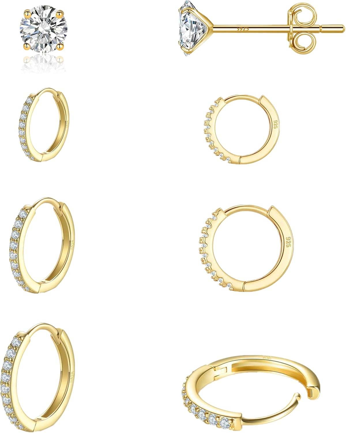16K Gold Hoop Huggie Earrings Set of 4 Hypoallergenic Cartilage Studs