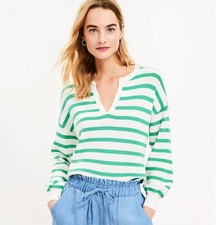 Loft Sweater Women's Size M Green White Striped V neck Open Collar Knit Jumper
