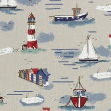 Dekostoff, Emma, Bedruckte Leinenoptik, Maritim, 140cm, leinengrundig, Beige