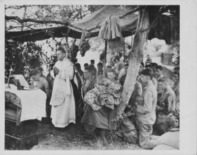 Marines a makeshift mass under a canvas tarpaulin, during Pacific  Old Photo
