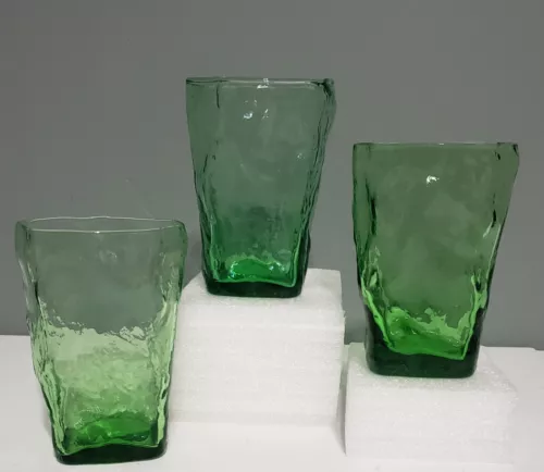 3 Vintage Seneca Morgantown Driftwood Juice Tumblers Apple Green Crinkle Glass