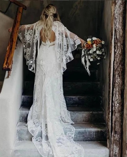 Bohemian V Neck Wedding Dresses Lace Appliqued Sweep Train Bridal Gowns Country - Picture 3 of 8