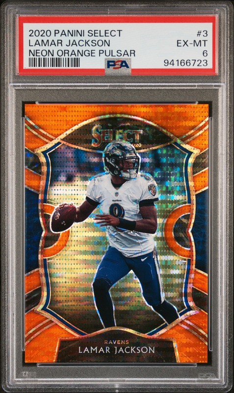 2020 Panini Select #3 Lamar Jackson Neon Orange Pulsar Prizm #/7 PSA 6