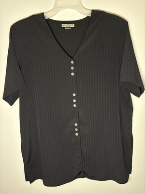 Vintage Notations Button Up V-neck Woman Blouse Sz38/18W Shoulder Pads Side Slit