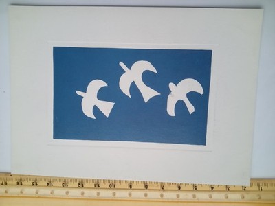 Vintage Kunst Gemälde Zeichnung Postkarte Georges Braque 1955 Oiseaux sur fond bleu