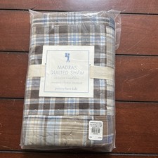Pottery Barn Kids Madras Quilted Standard Sham Plaid Blue Brown Tonal New w/tags