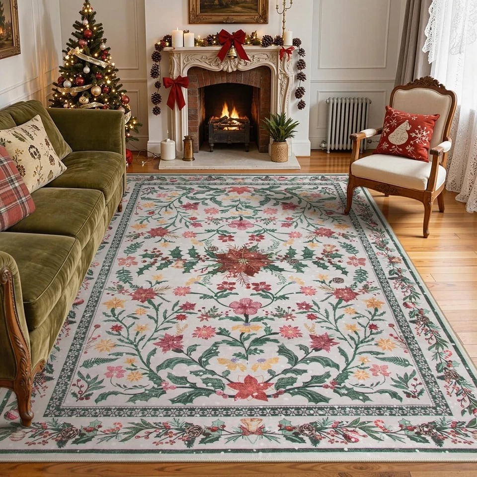 Cozy Floral 8' x 10' Holiday Rug - Soft, Washable, Perfect for Living Room - Image 3 of 4