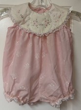 Vintage Baby Girl Pink Bubble Romper Sunsuit Floral Embroidery 6-9M