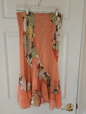 Vintage Y2K Midi Skirt M Asymmetrical Ruffle Mixed Floral Print Paneled Chiffon - Image 1 of 4