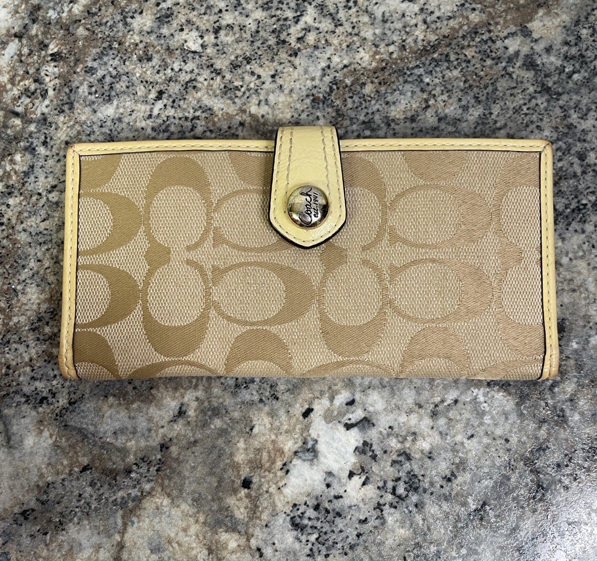 Coach Signature C Tan Clutch  Wallet with Yellow Trim