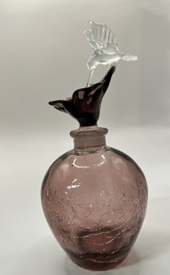 Perfume Bottle with Unique Hummingbird Stopper, Purple Crackle Glass, Vintage